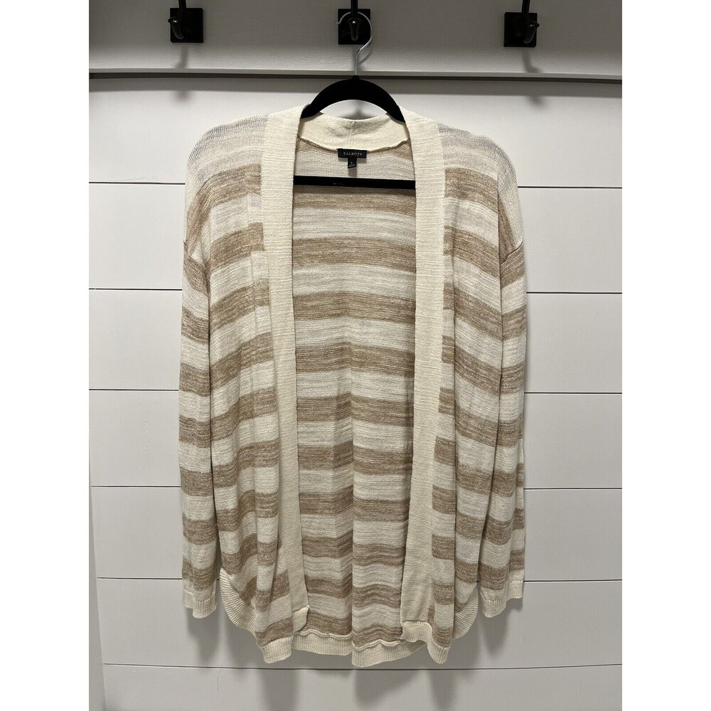 Talbots Tan Cream Stripe Cardigan Open Front Size Large